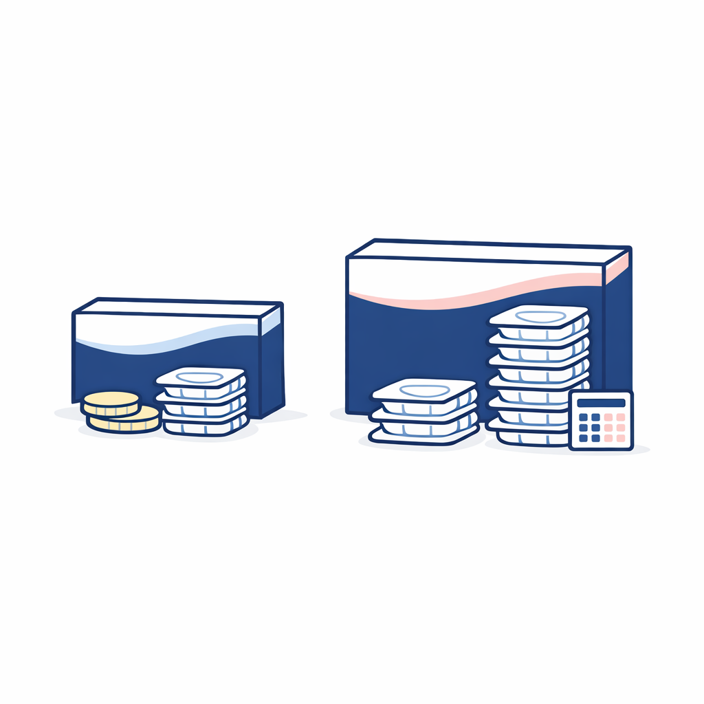 Simple box-size comparison shows smaller trial supply versus better-value larger supply.