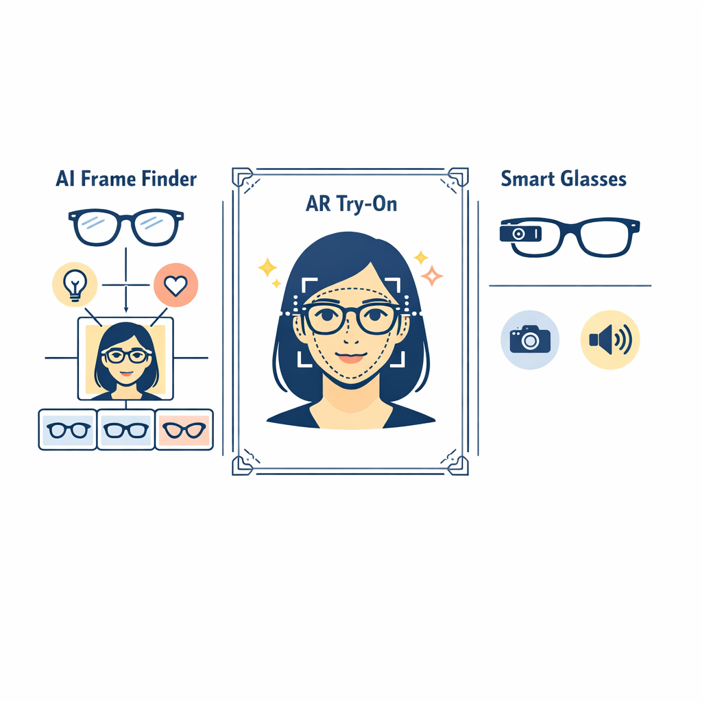 An infographic separates AI frame finders, AR try-on, and smart glasses into distinct lanes.