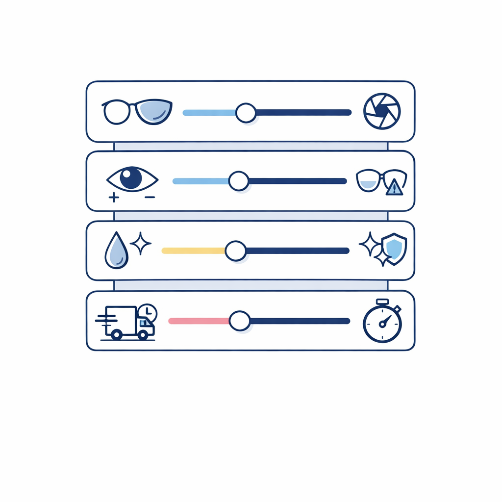 A simple slider-style visual shows lens type, prescription complexity, coatings, and shipping affecting timing and cost.