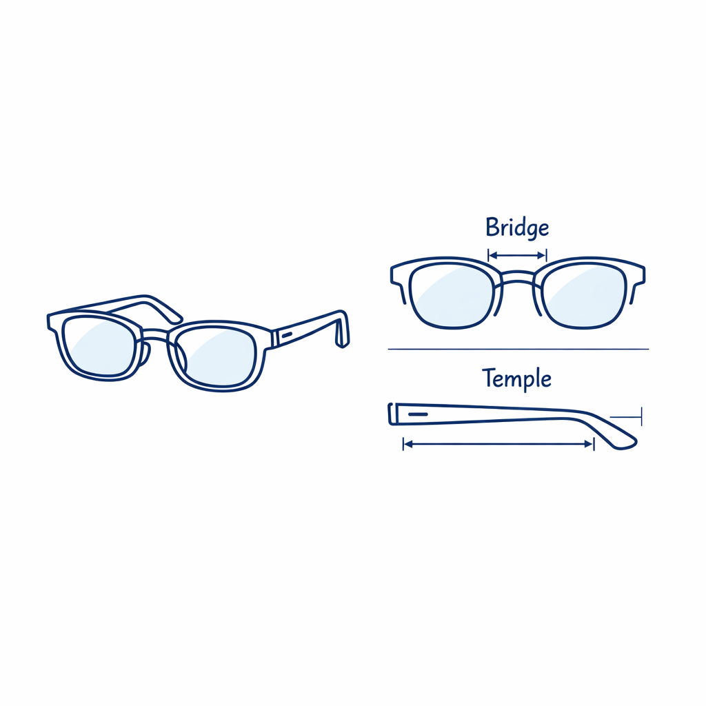 A current pair of glasses is compared with frame measurements to guide size and comfort when shopping online.