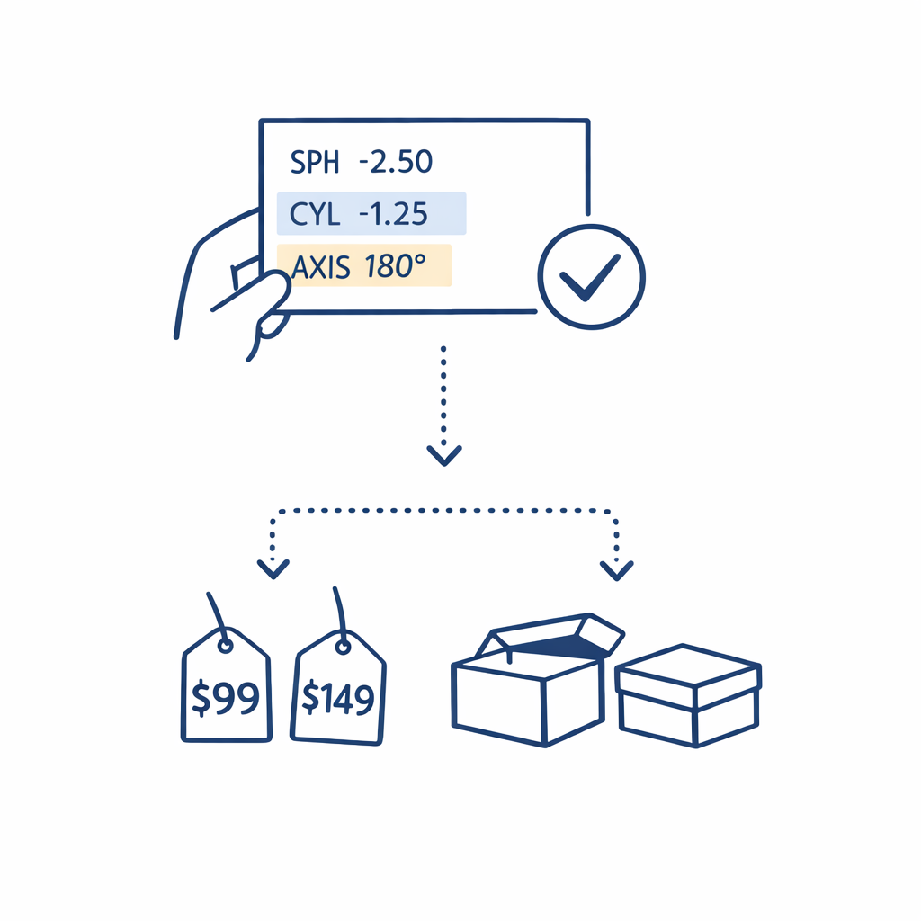 A focused prescription finder zooms in on cylinder and axis before any pricing or deal comparison starts.
