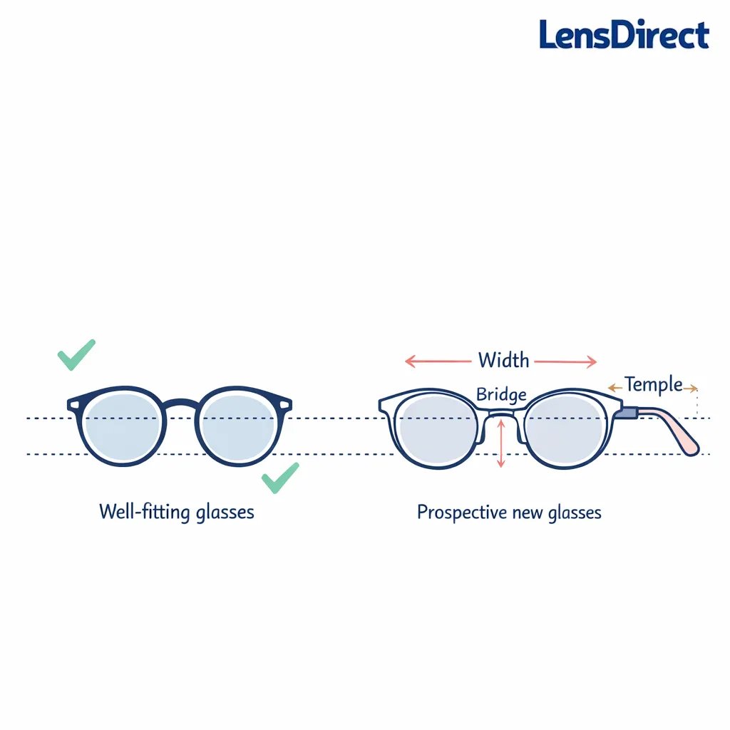 A trusted existing frame compares with a new frame using width, bridge, and temple cues.