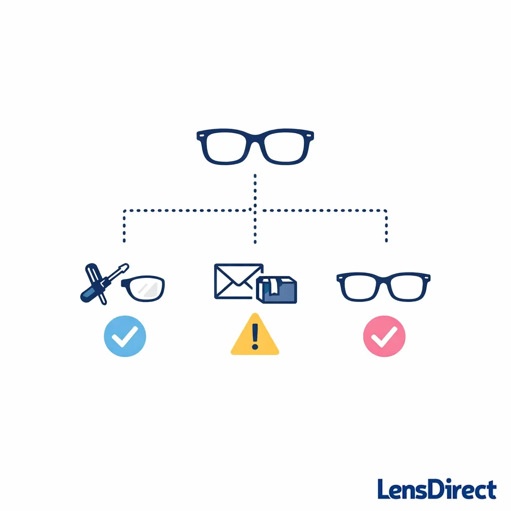 A decision tree guides readers from frame check to DIY, lab service, or buying new glasses.