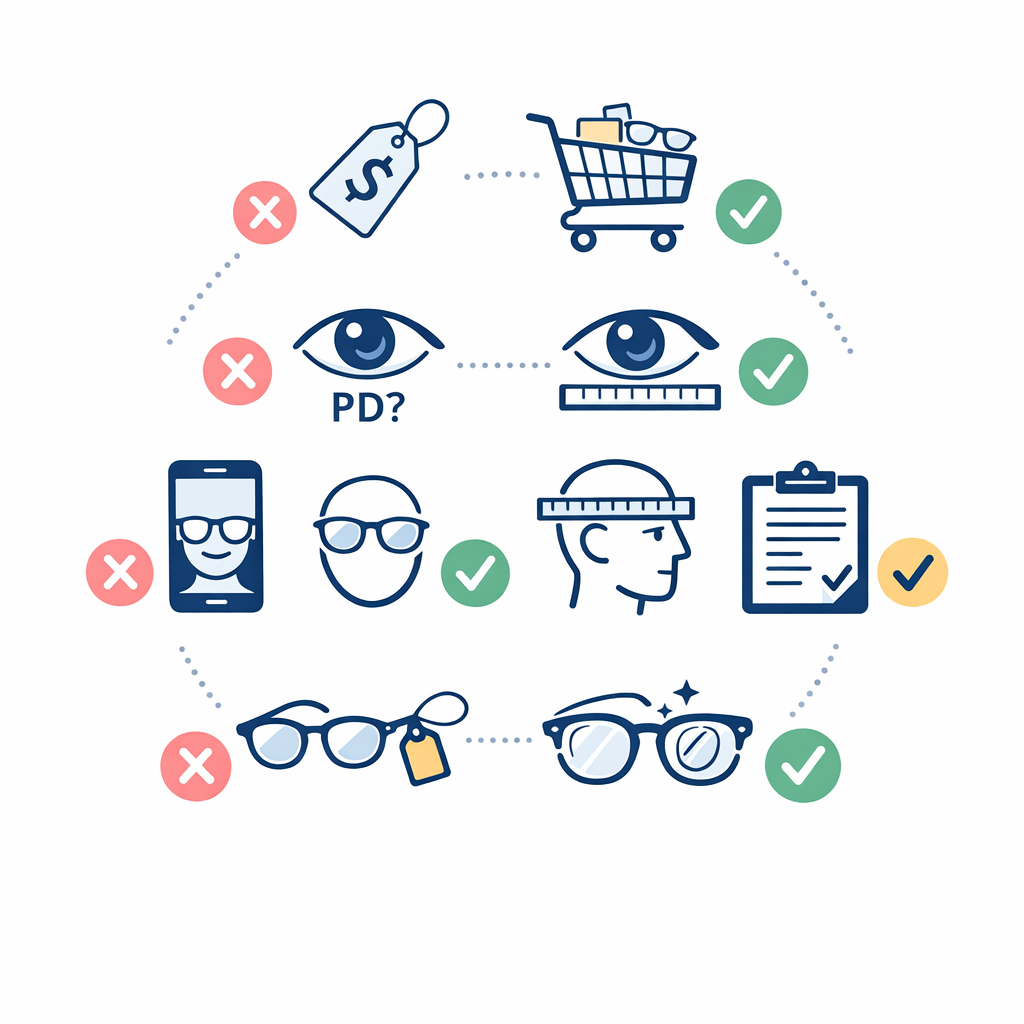 Five simple mistake icons show hidden costs, guessed PD, overreliance on try-on, policy neglect, and unnecessary new frames.
