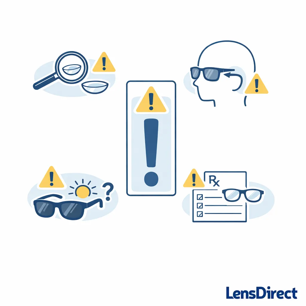 Simple icons illustrate tiny lenses, missing fit checks, and unverified UV or Rx details.