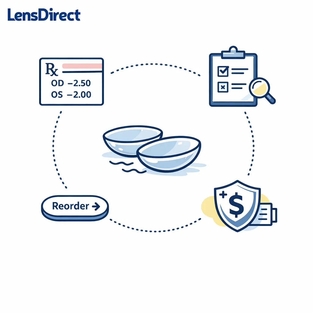 A final clean composition links prescription, comparison, insurance savings, and reorder timing for biweekly lenses.