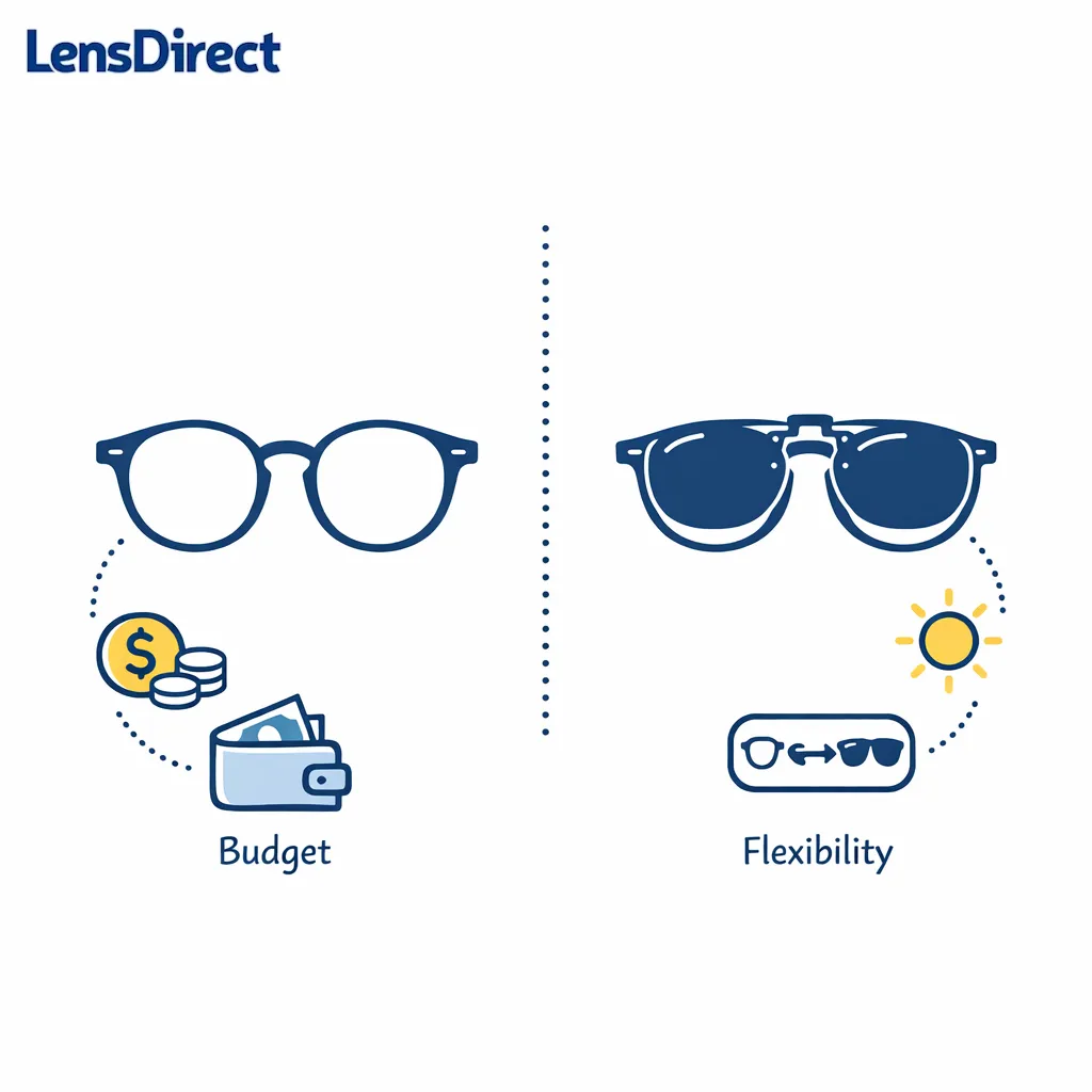 A practical budget comparison shows adaptive lenses against clip-on shades for flexibility.