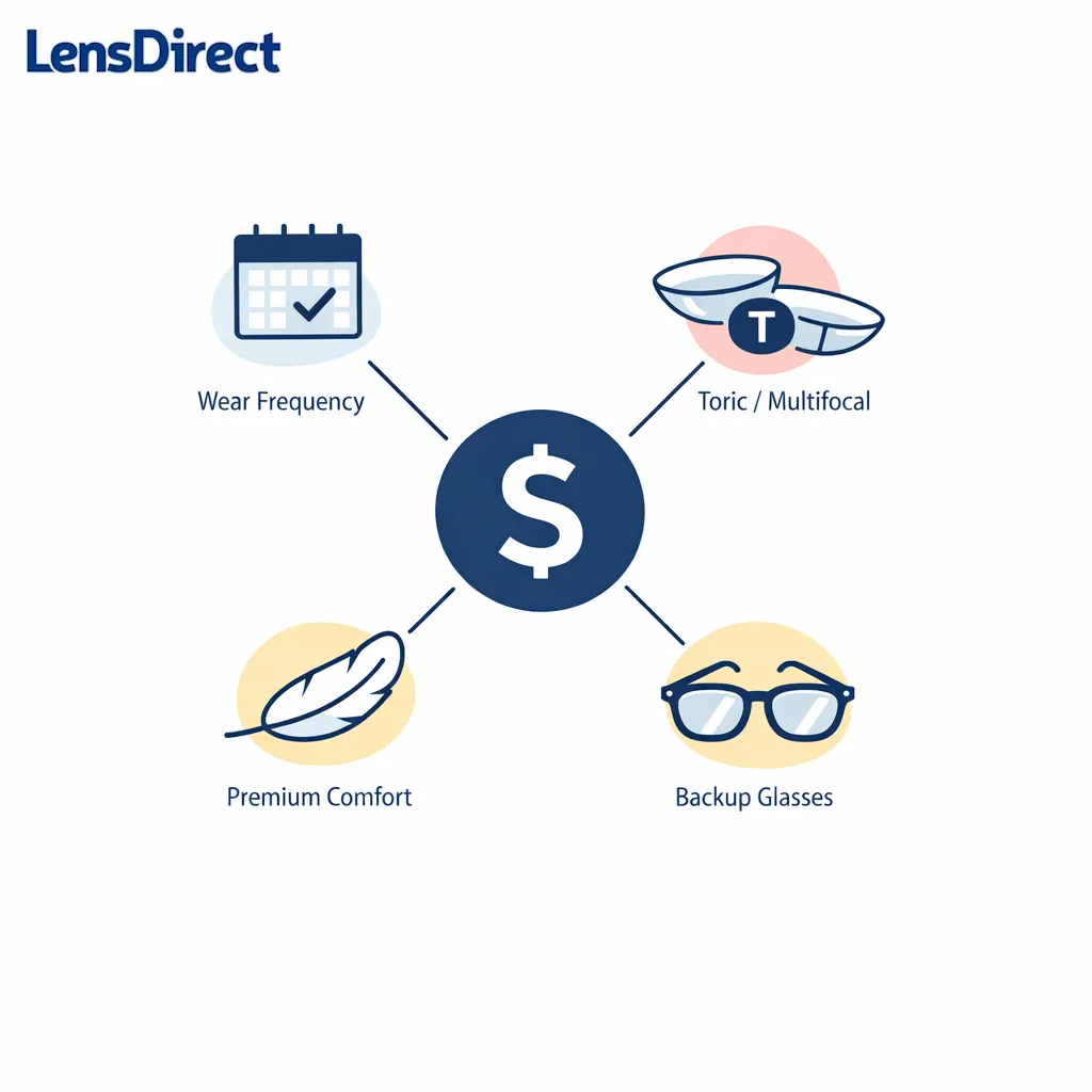 Minimal cost map linking wear frequency, lens type, and premium features to yearly spending.
