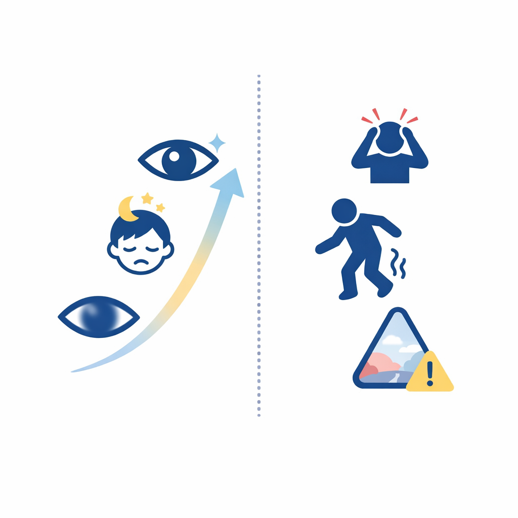 A split visual distinguishes expected mild adjustment symptoms from signs that deserve a recheck.