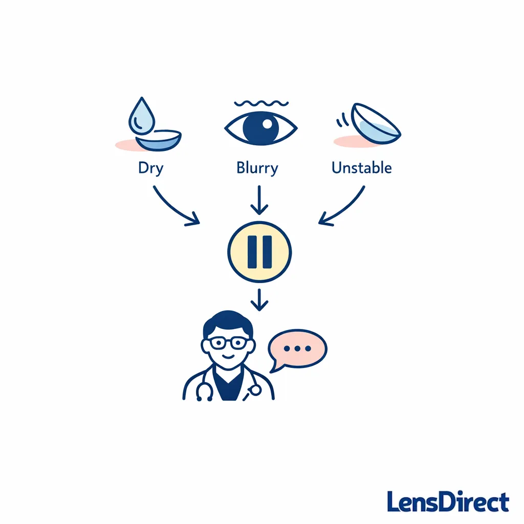 A simple decision flow shows dry, blurry, or unstable wear leading to pause and check with an eye doctor.
