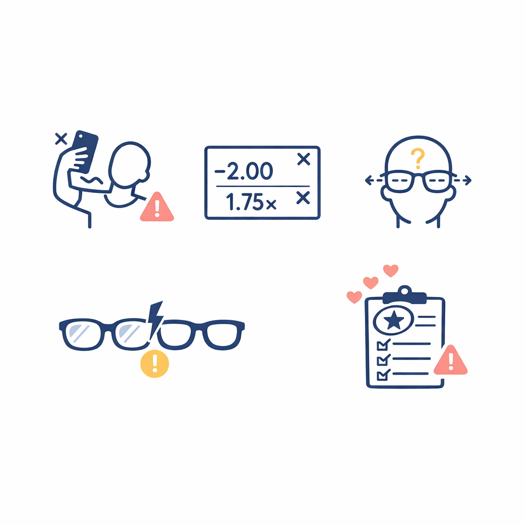 Five small caution icons summarize the most common online AI glasses shopping mistakes.
