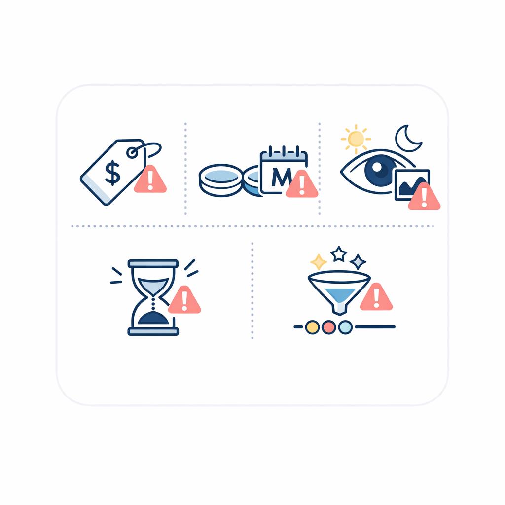 Five simple icons summarize common mistakes like chasing sticker price and judging shades badly.