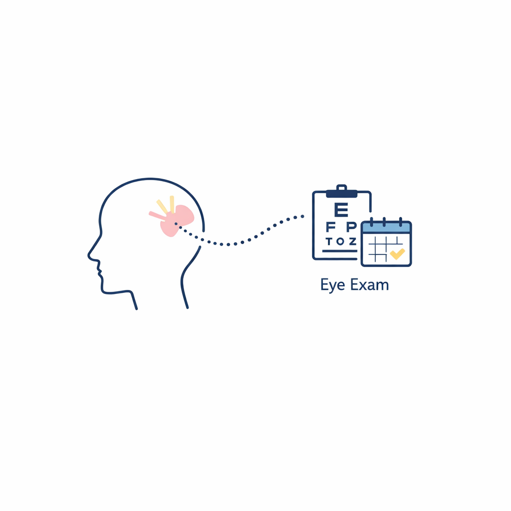 A calm caution graphic shows headaches linked to an eye exam reminder rather than online self-diagnosis.