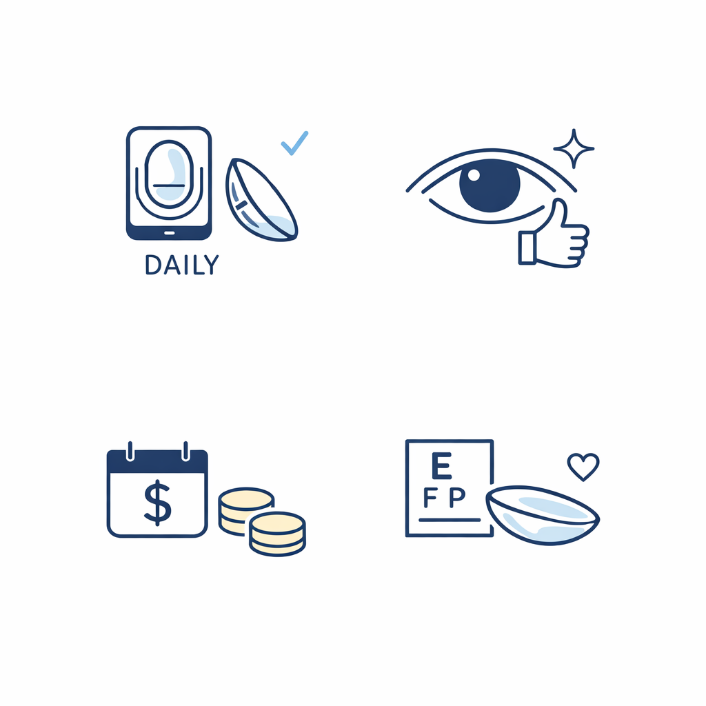 Four FAQ tiles answer daily toric basics with simple icons for availability, comfort, cost, and best fit.