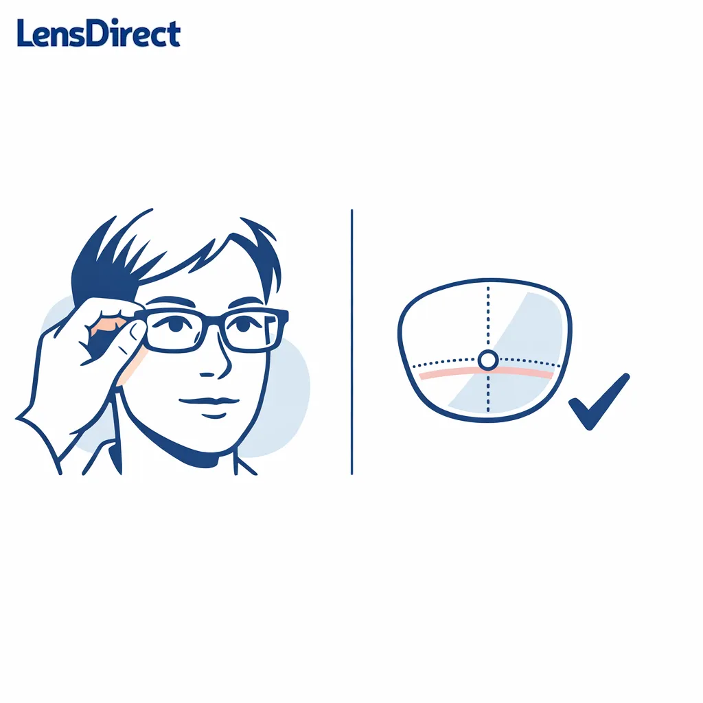 An optician adjusts frames while a lens segment lines up correctly with the wearer’s eyes.