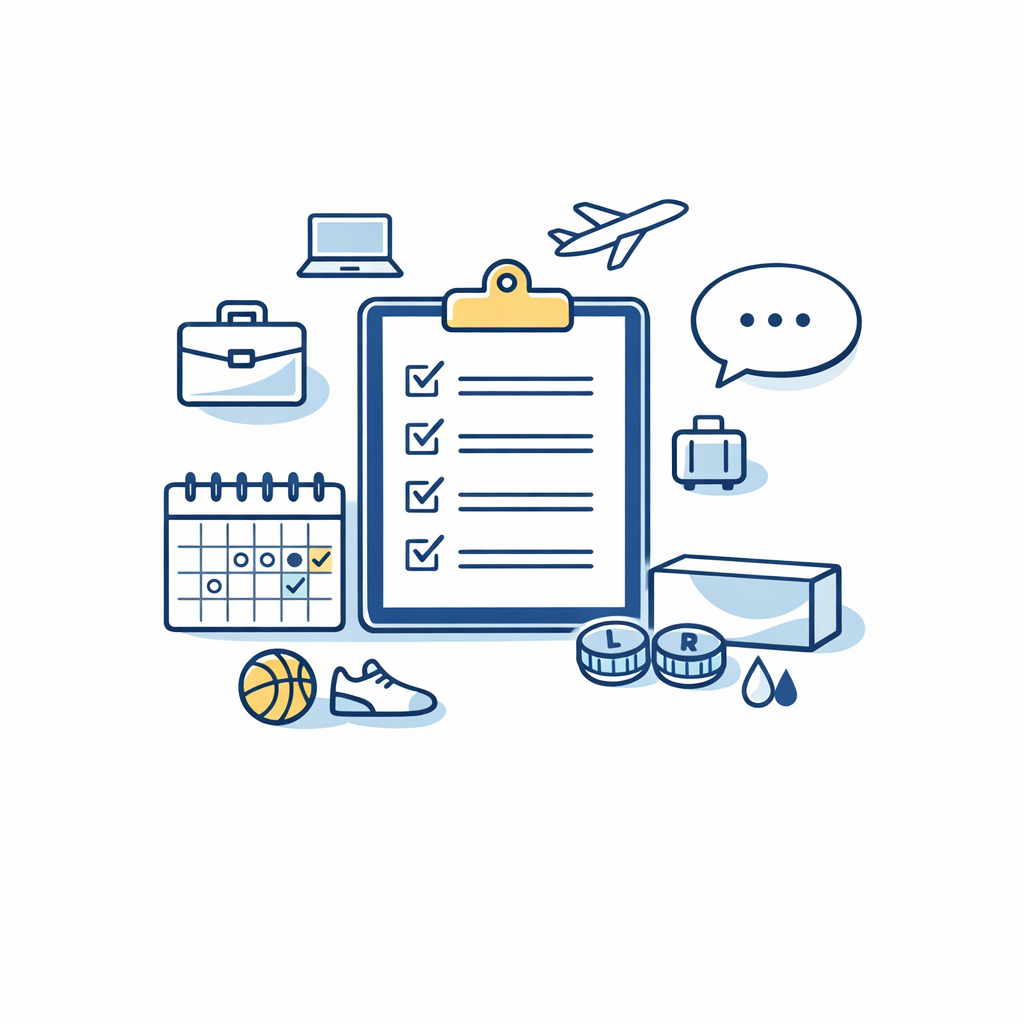 Checklist and calendar icons show how to share real habits during a contact lens exam.