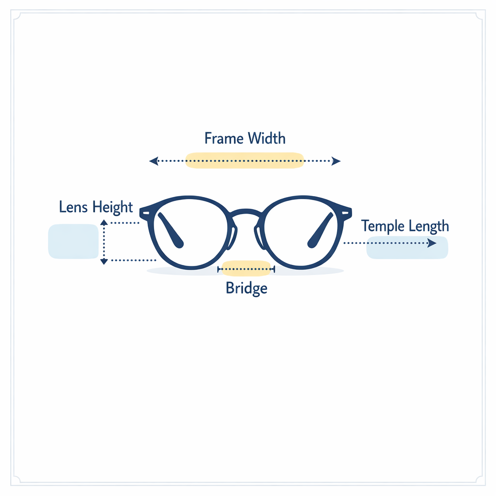 A clean step-by-step layout highlights width, bridge, temple length, and lens height.
