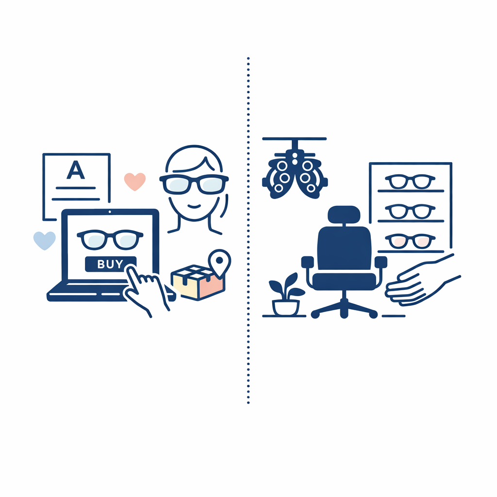 A simple split scene contrasts online ordering with an in-person optical consultation for complex needs.