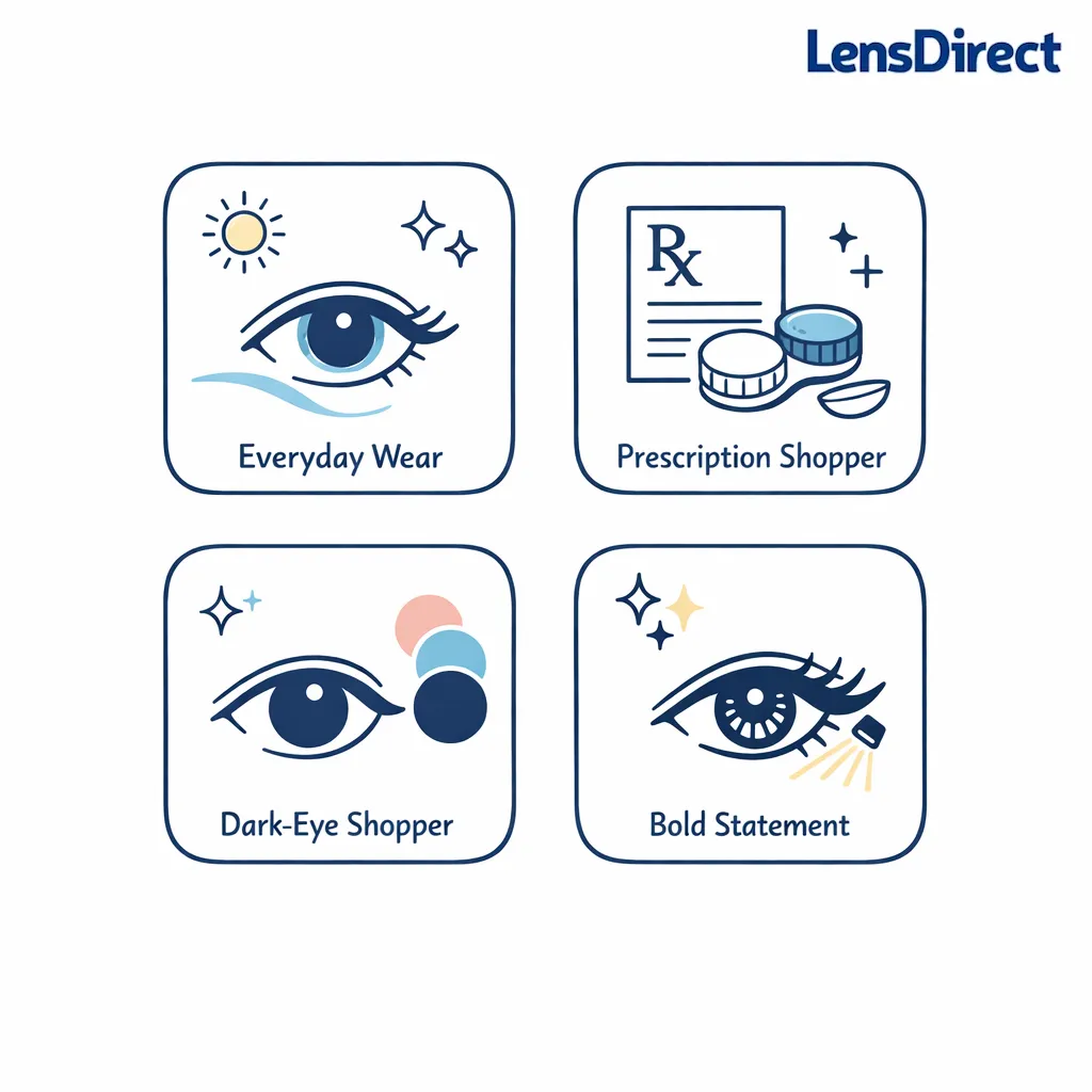 Four shopper profiles map to natural wear, prescription needs, dark eyes, and statement looks.