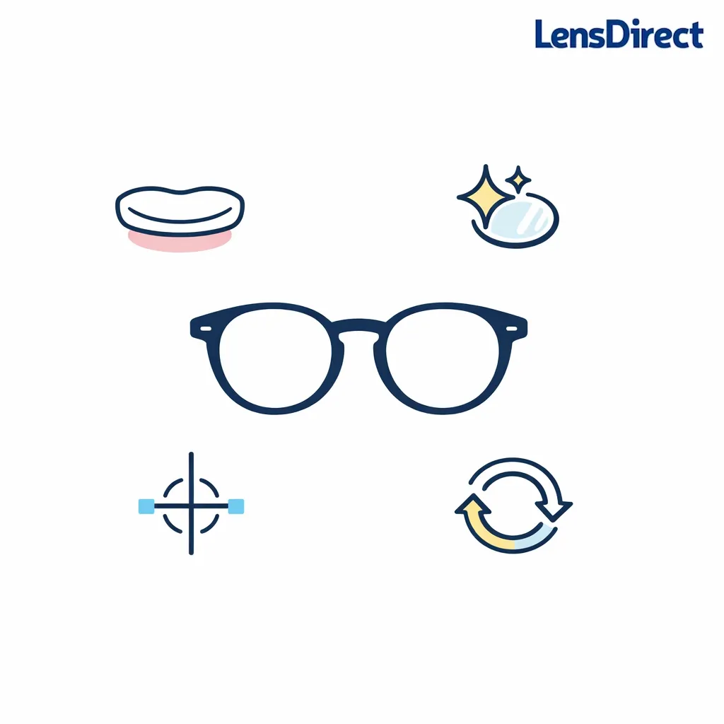 Four simple icons around a pair of glasses represent comfort, clarity, fit, and easy replacement.