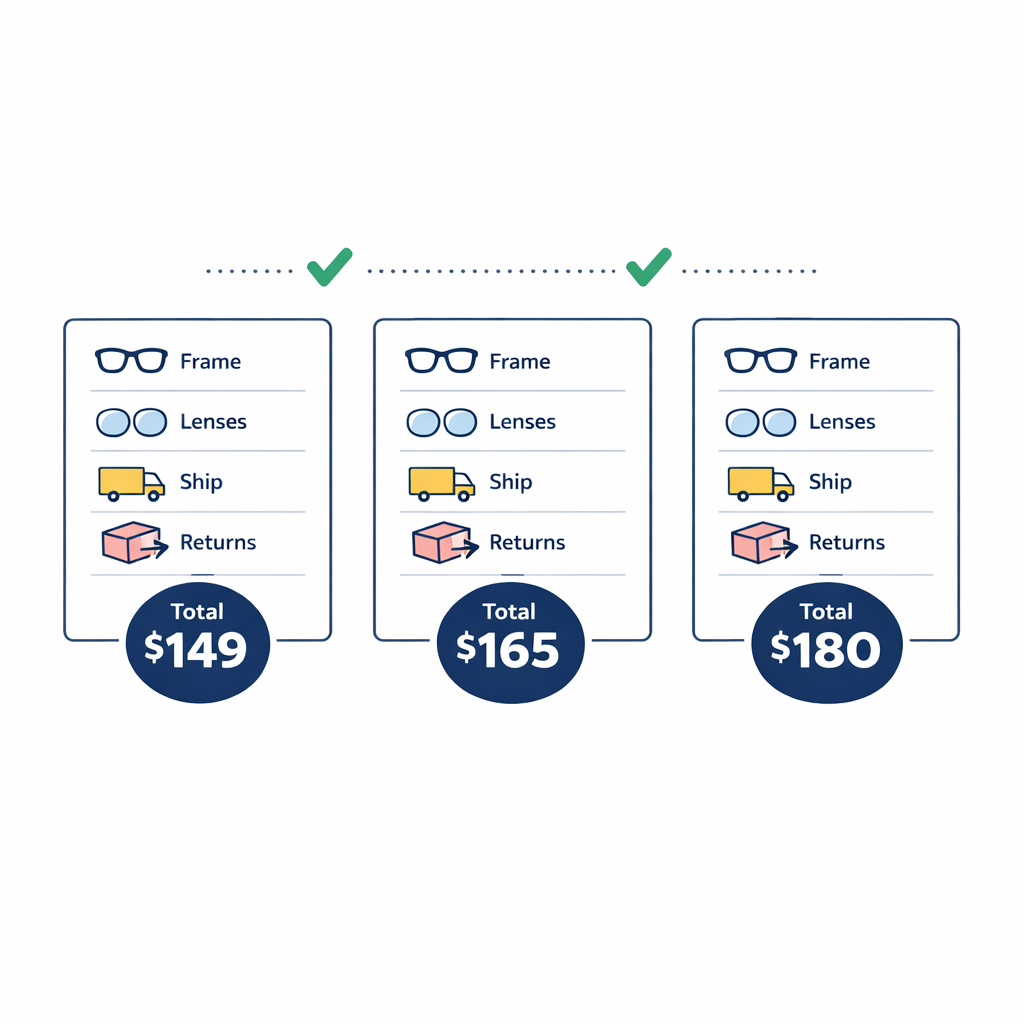 Three clean shopping carts line up side by side to compare final totals, shipping, and return terms.