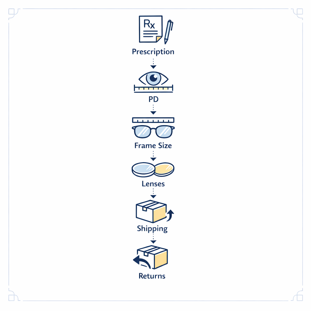 A clean flowchart guides shoppers from prescription and measurements to checkout and support choices.