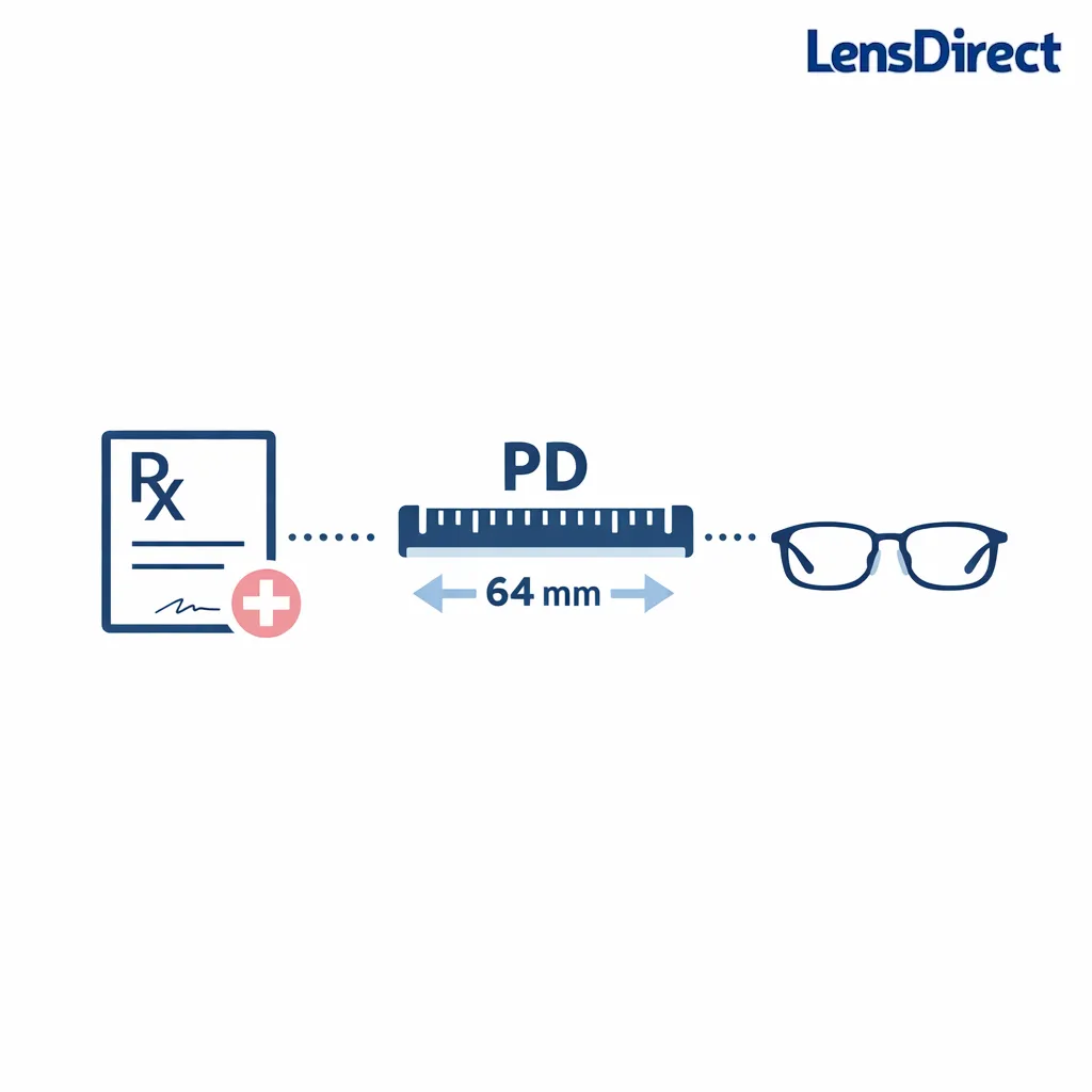 Minimal line-art checklist showing prescription sheet, PD measurement, and frame selection.