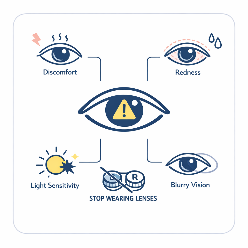 Warning-style icons indicate pain, redness, light sensitivity, and sudden blur as stop signals.