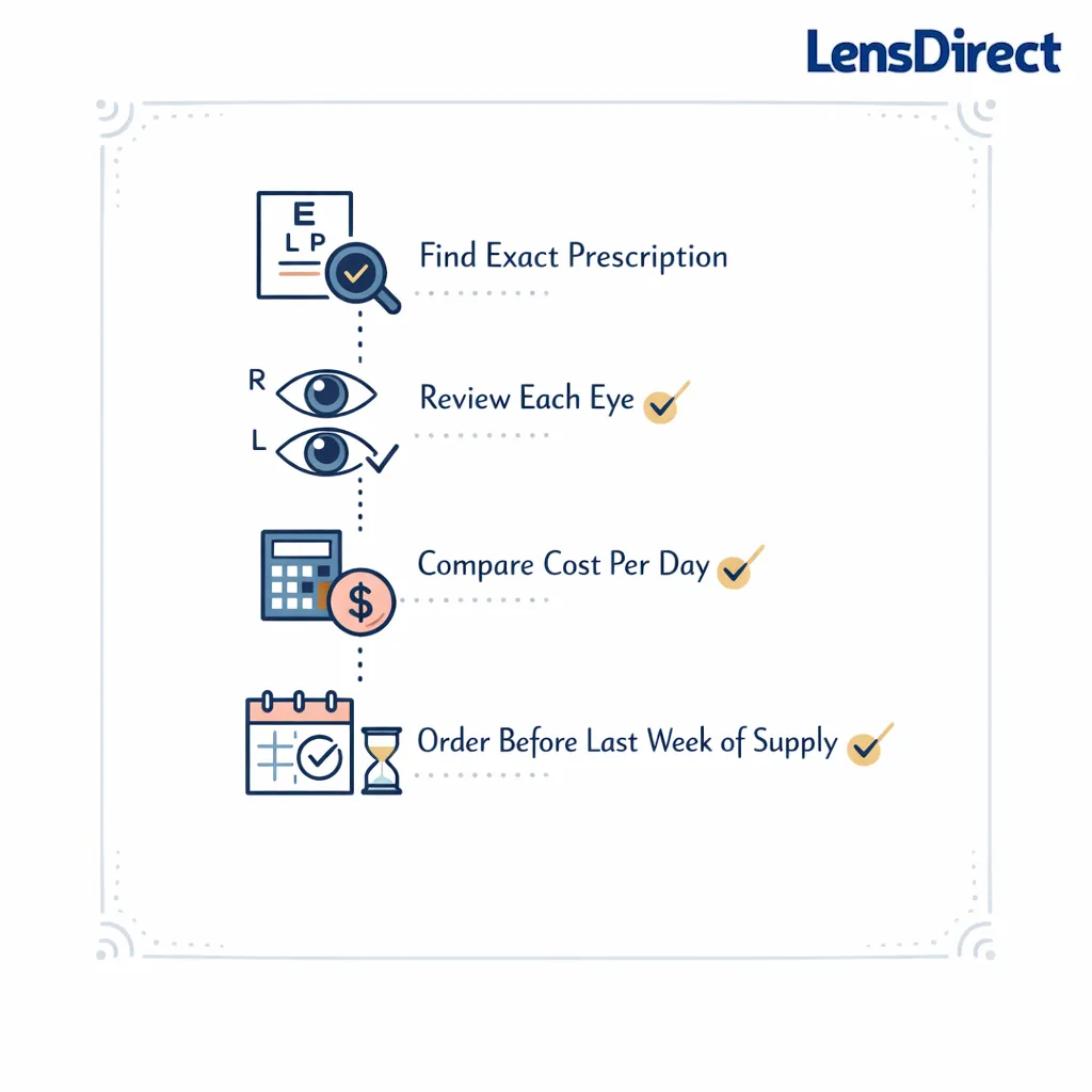A step-by-step checklist covers find prescription, review each eye, compare cost per day, and order before running out.