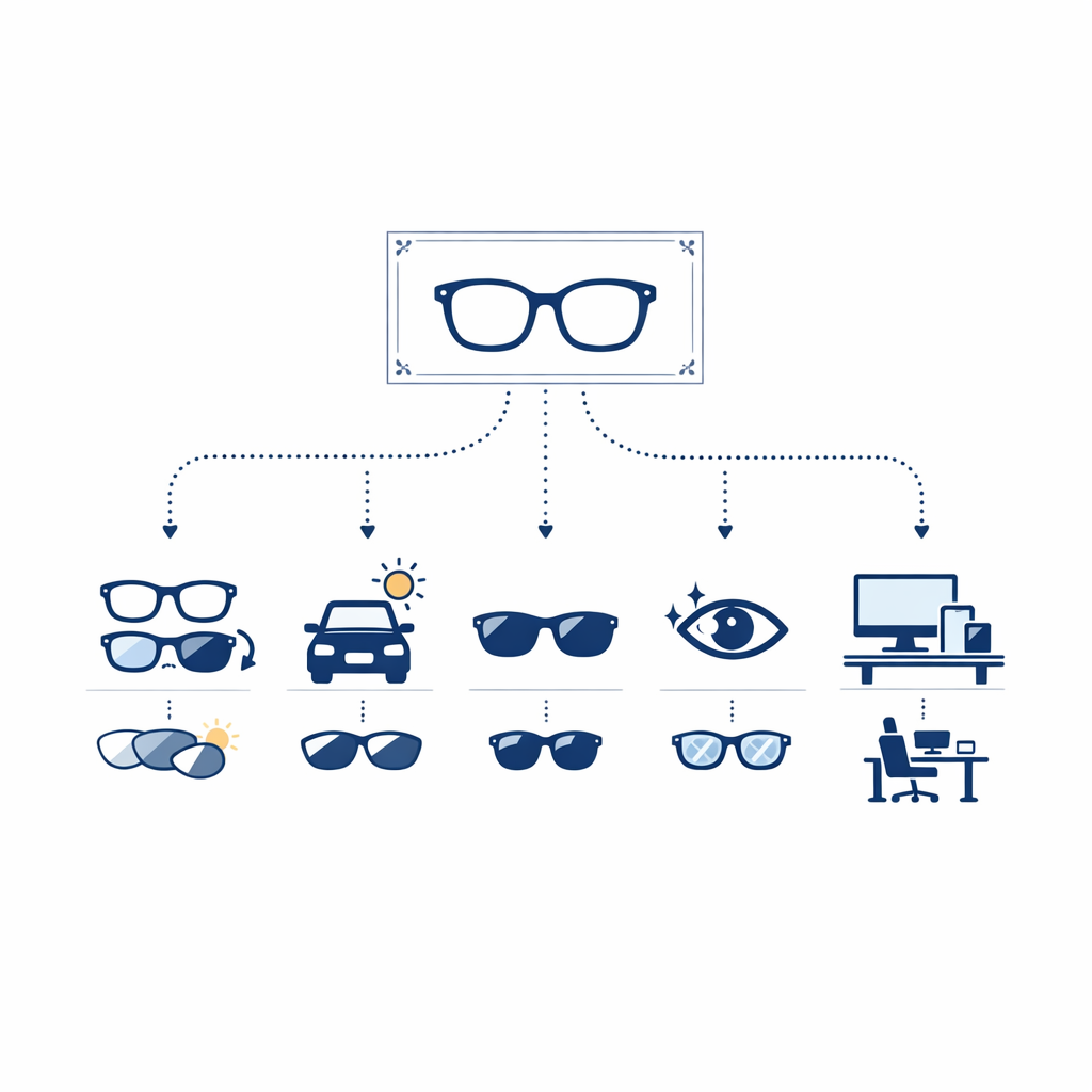 A decision tree asks whether the main issue is switching pairs, glare, screens, or driving.