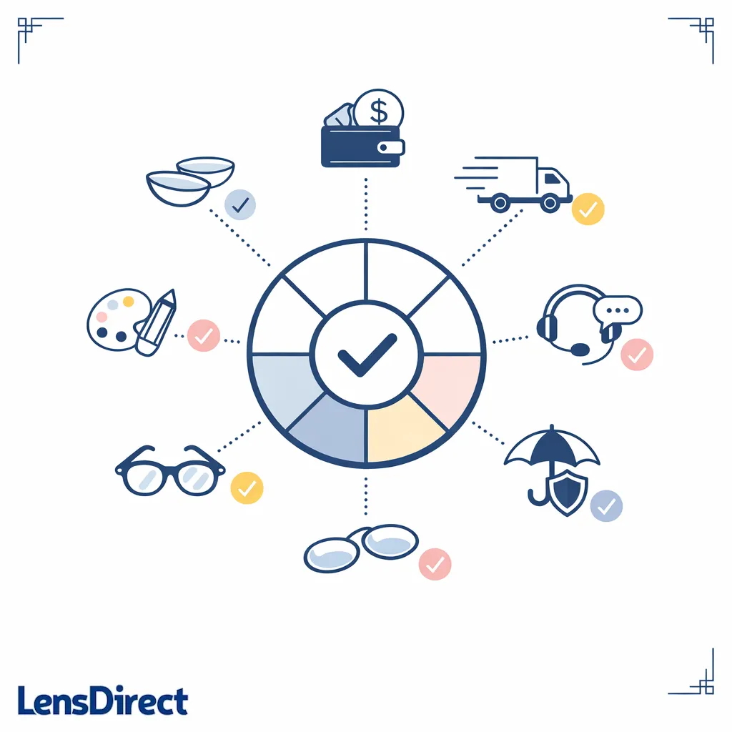A decision wheel maps needs like budget, speed, fit help, insurance, and lens replacement to smarter choices.