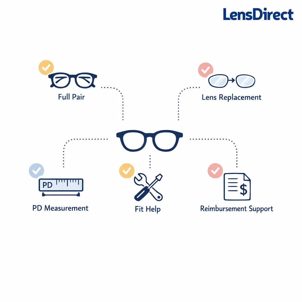 A clean decision map guides shoppers between full glasses, lens replacement, fit help, and reimbursement support.