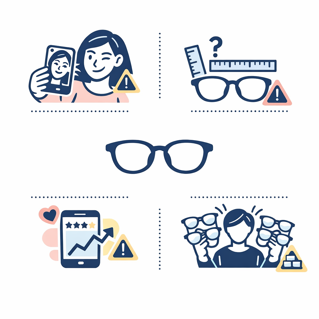 A caution collage shows angled selfies, ignored measurements, trend chasing, and too many frame comparisons.
