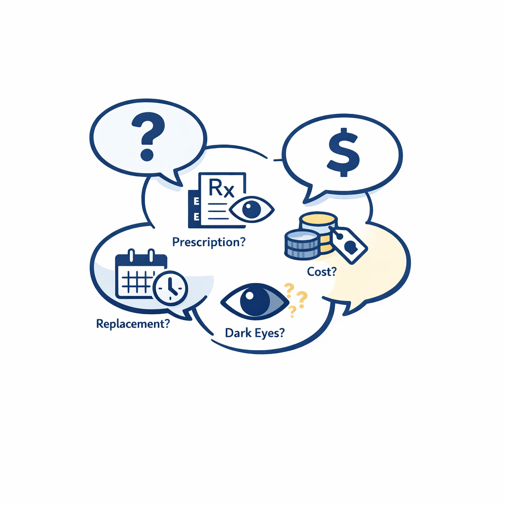 Question icons pair with lenses, prescriptions, and calendars to summarize key buying answers.
