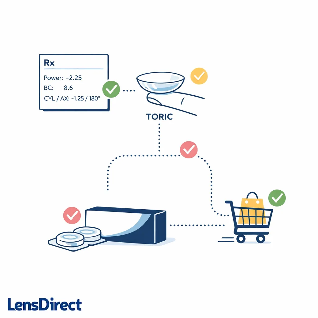 A clean e-commerce scene shows exact-match refill ordering with a prescription card, cart, and contact lens box.