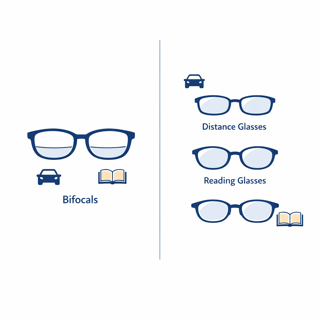 A comparison shows bifocals as one convenient pair versus separate distance and reading glasses.