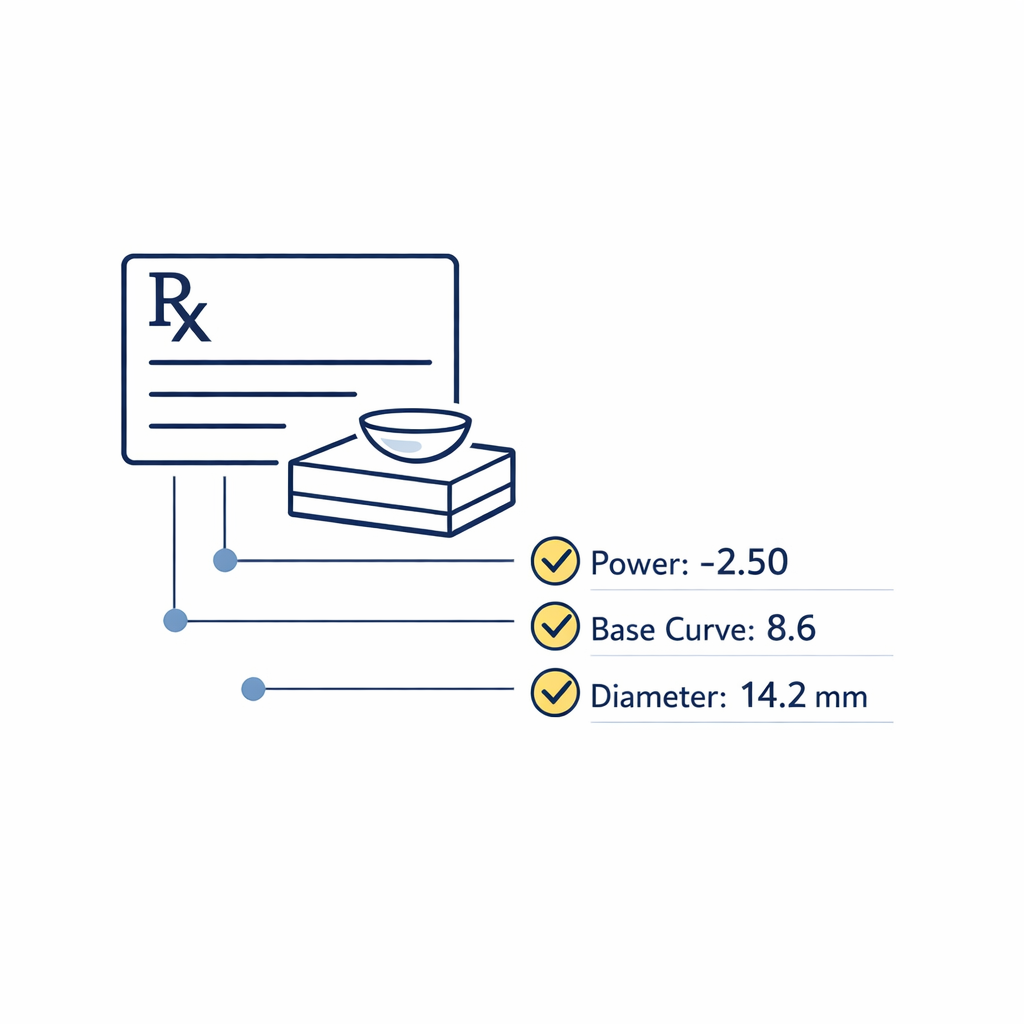 Order verification graphic shows matching brand, power, base curve, and diameter details.