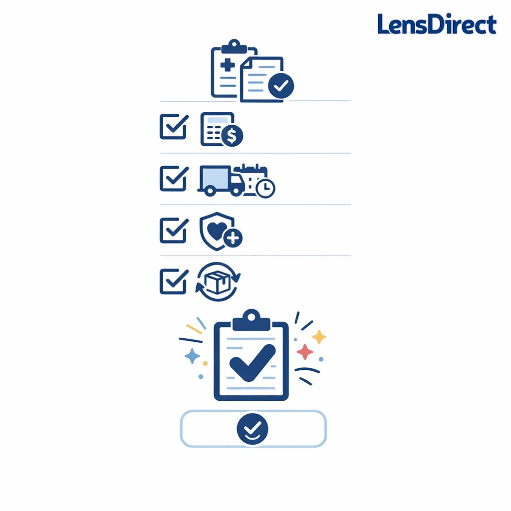 A final checklist and completed order path convey confident, informed online contact reordering.