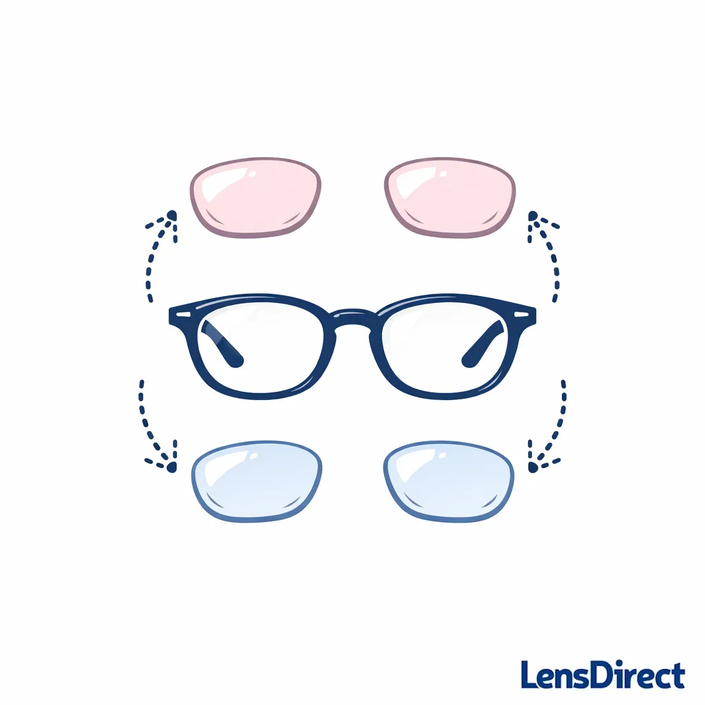 Favorite frames are preserved while new lenses slide into place in a simple upgrade diagram.
