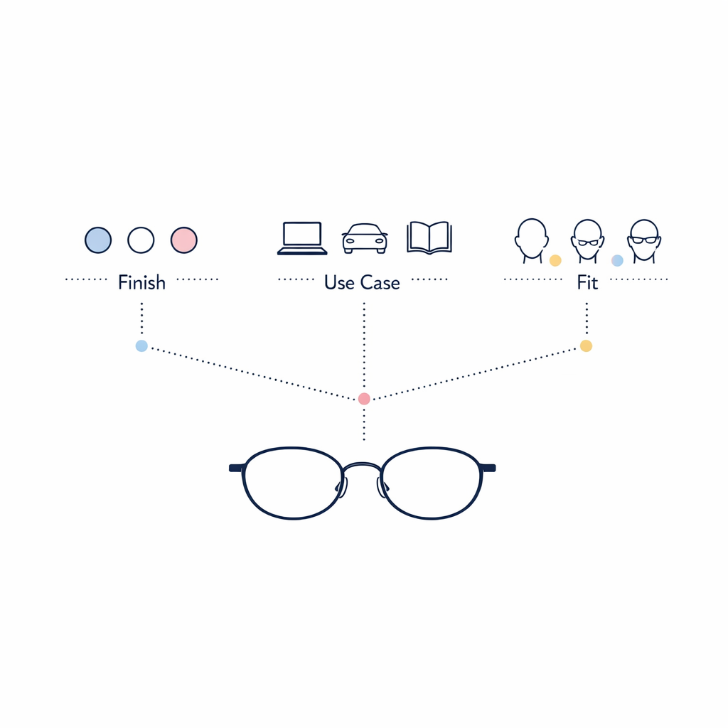 A clean decision tree maps finish, lens use, and fit into a personalized frame choice.