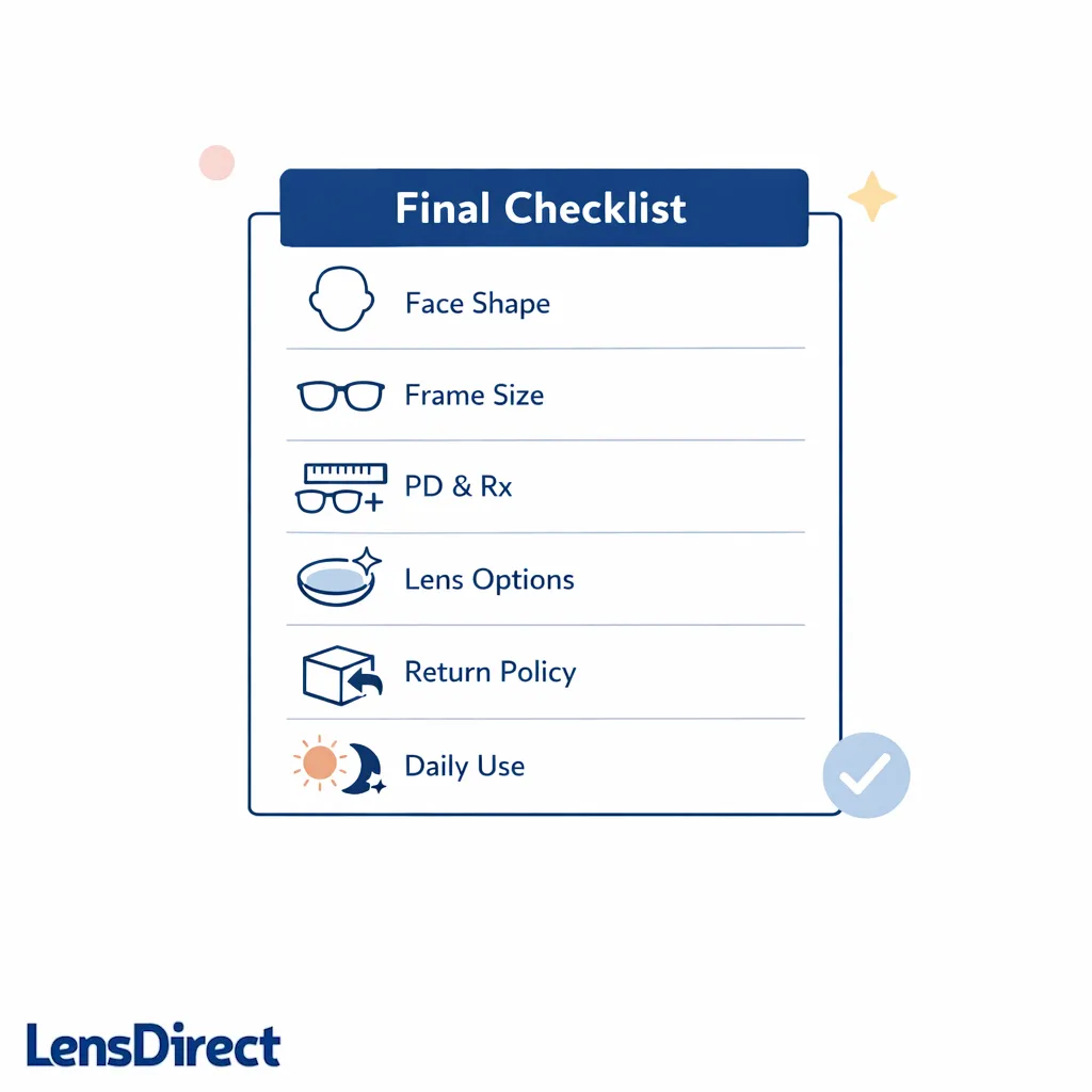 A clean final checklist combines face shape, measurements, PD, lenses, return policy, and daily use.