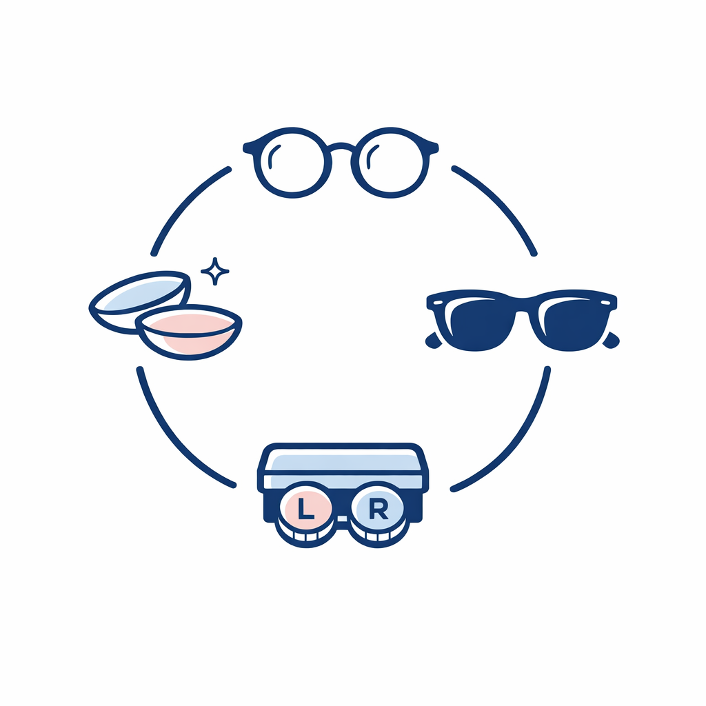 Simple icons for glasses, sunglasses, contacts, and lens replacement show a streamlined eyewear ecosystem.