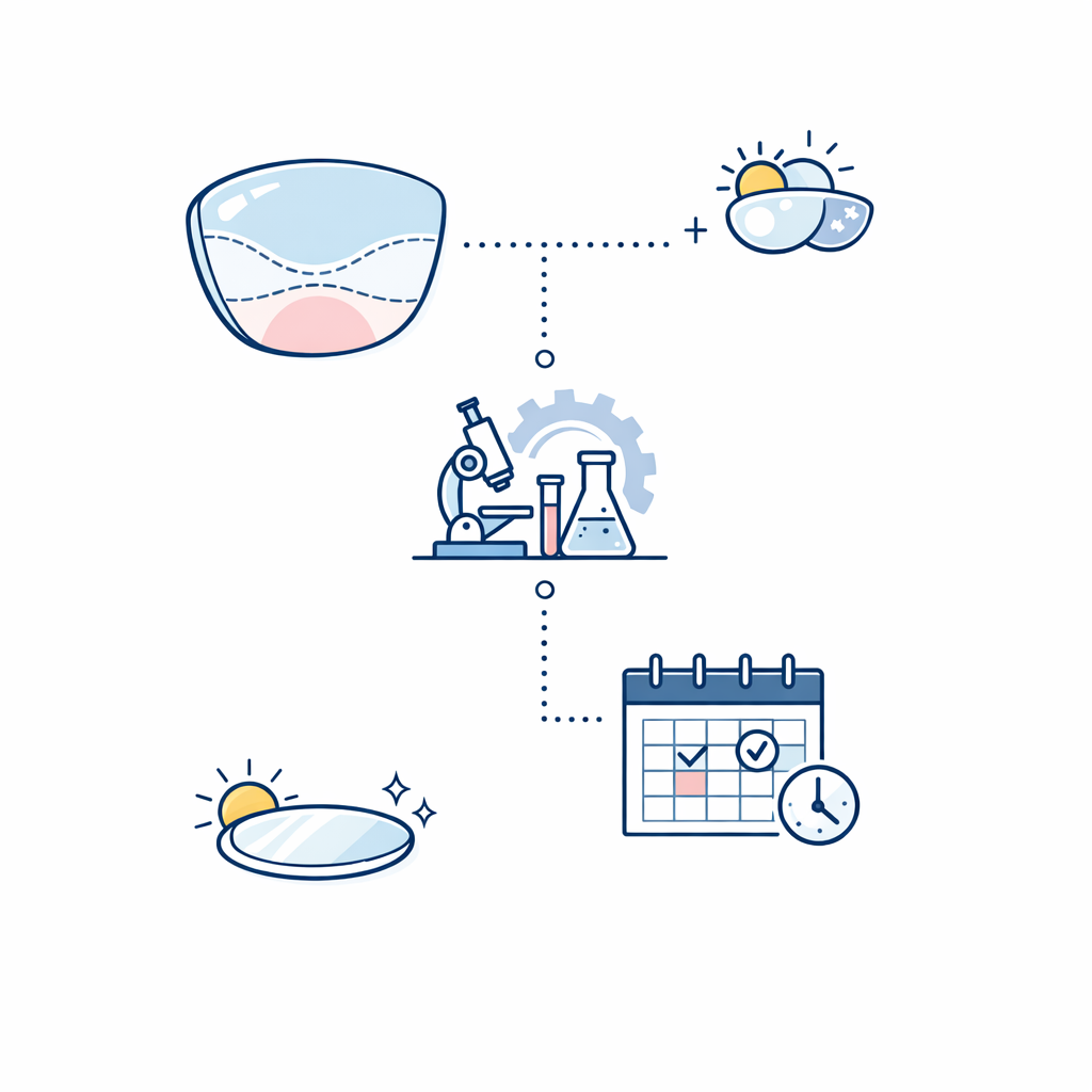 Layered progressive lenses, a lab process, and a calendar emphasize planning for customized eyewear.