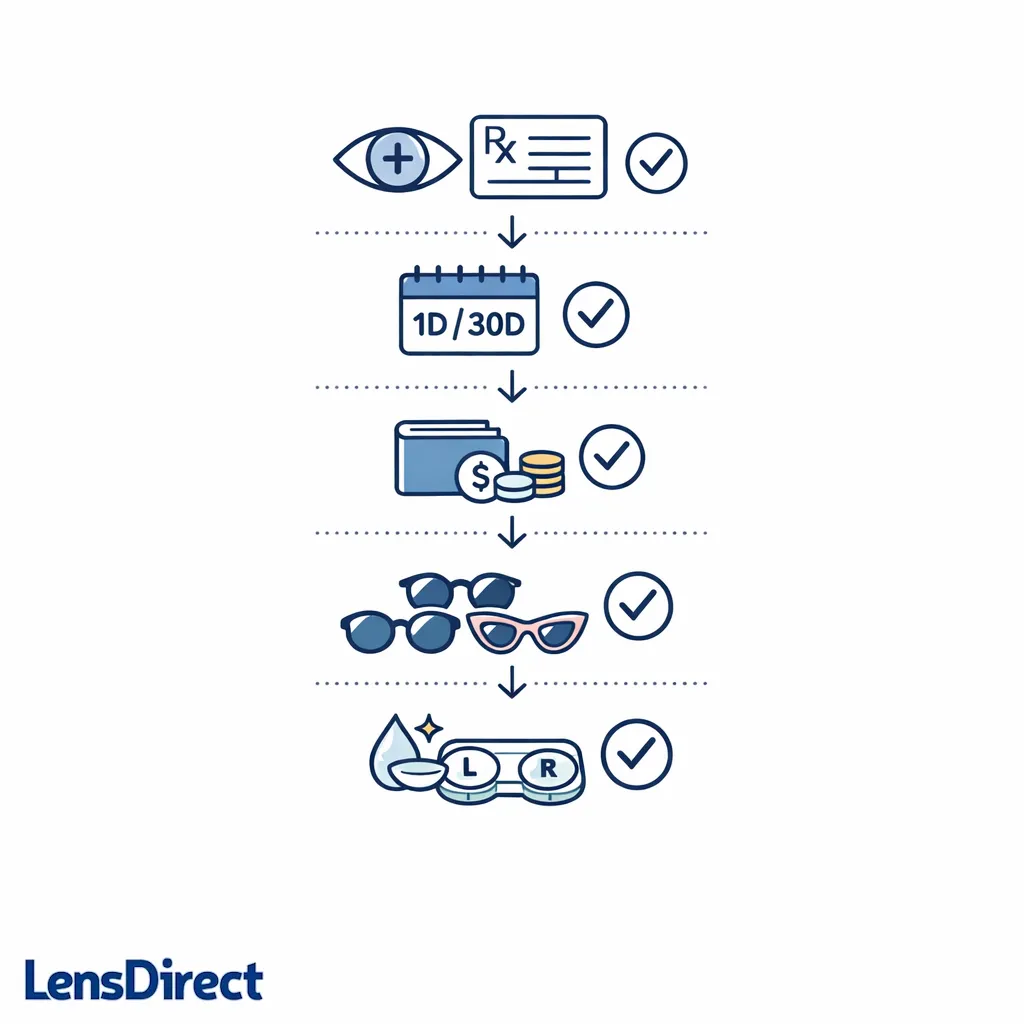 A minimal checklist guides prescription confirmation, wear frequency, budget, shades, and verification.