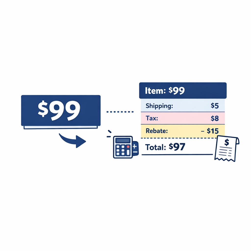 Two price tags compare headline box price with full delivered total including shipping, tax, and rebate.