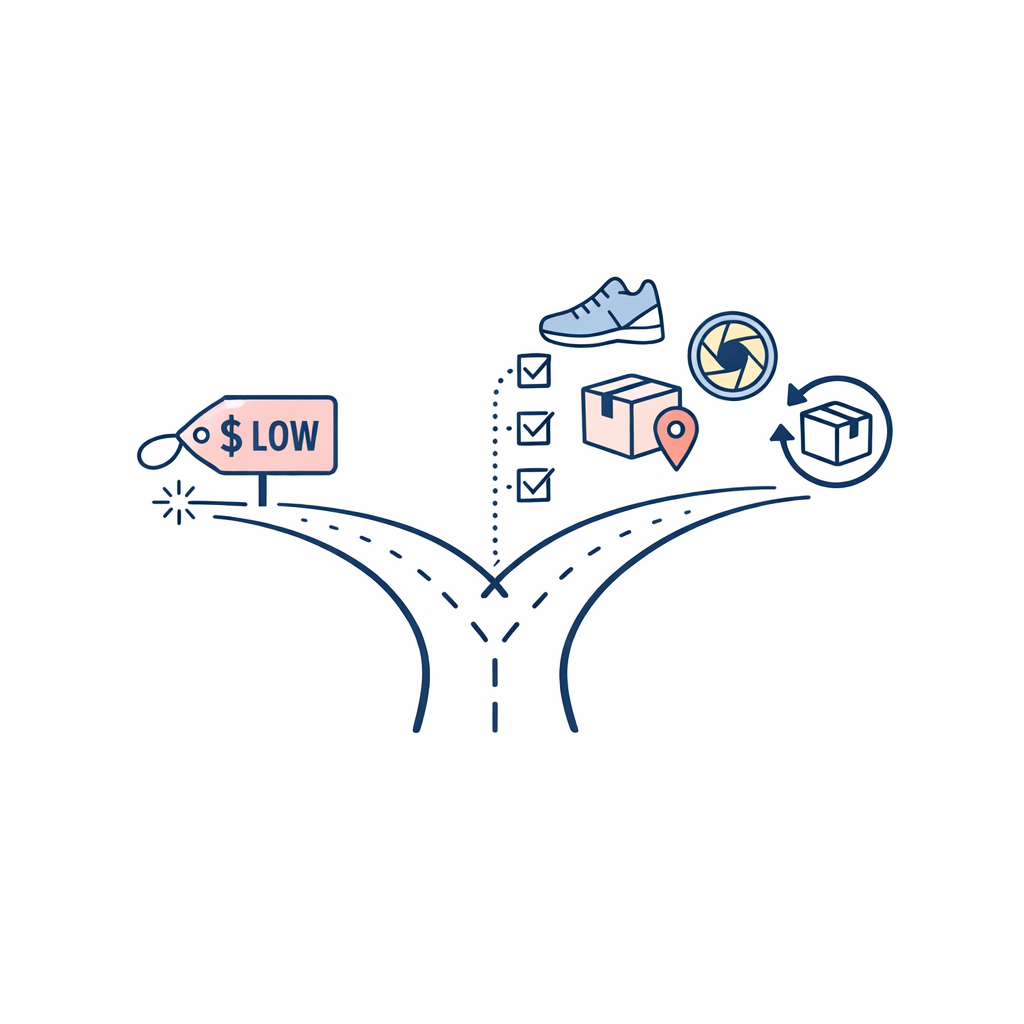 A simple forked path shows the difference between lowest price and best overall value for online glasses.