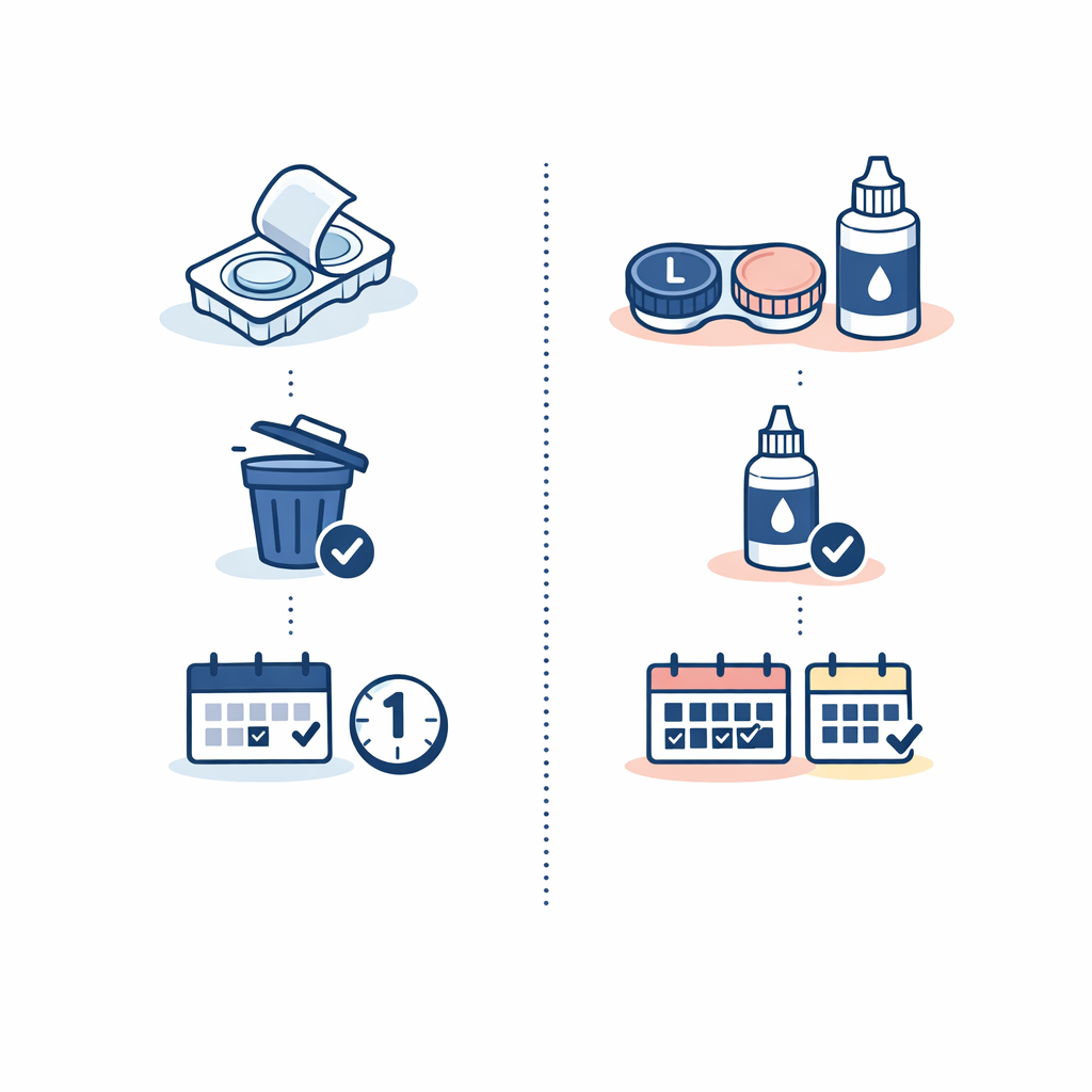 Side-by-side comparison of single-use daily lenses and reusable lenses with cleaning steps.