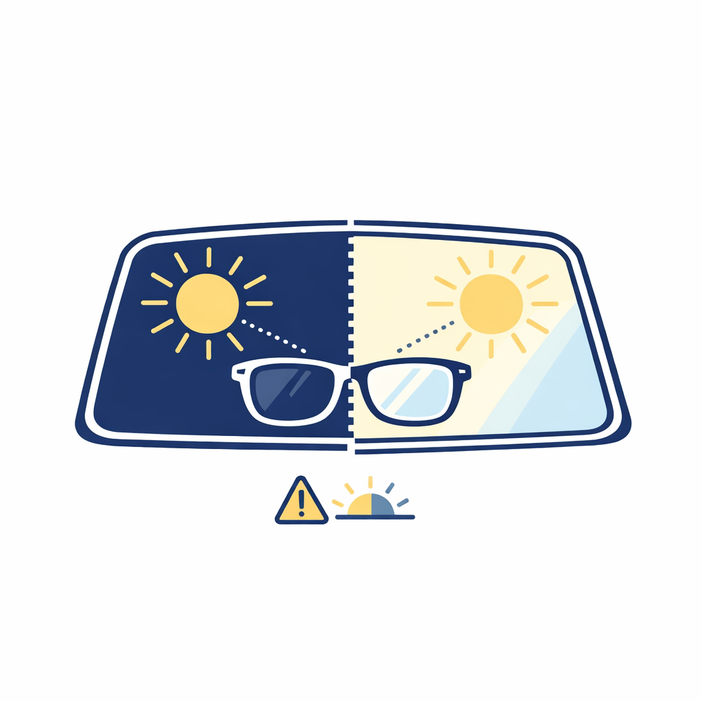 A car windshield blocks UV while transition lenses stay lighter than expected in bright driving sun.