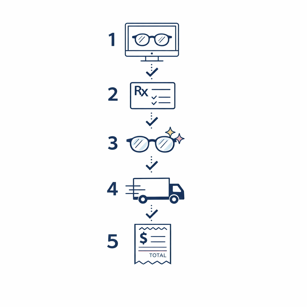 A clean five-step path shows frame choice, prescription type, upgrades, shipping, and final delivered price.