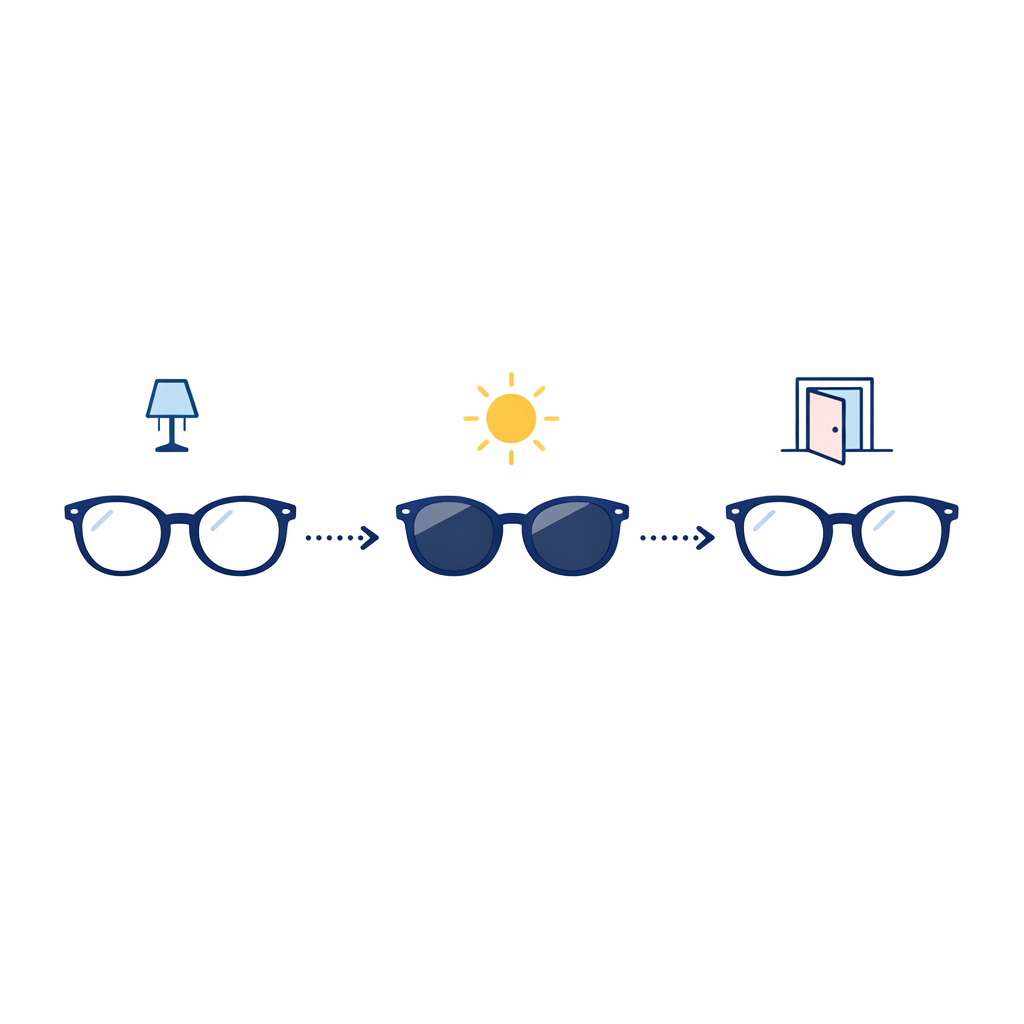 A step-by-step diagram shows lenses darkening in sunlight and clearing again indoors.
